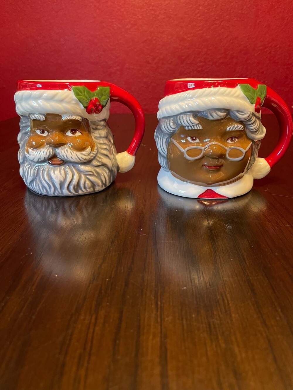 Vintage African American Santa and Mrs. Claus Ceramic Figural Mug Set